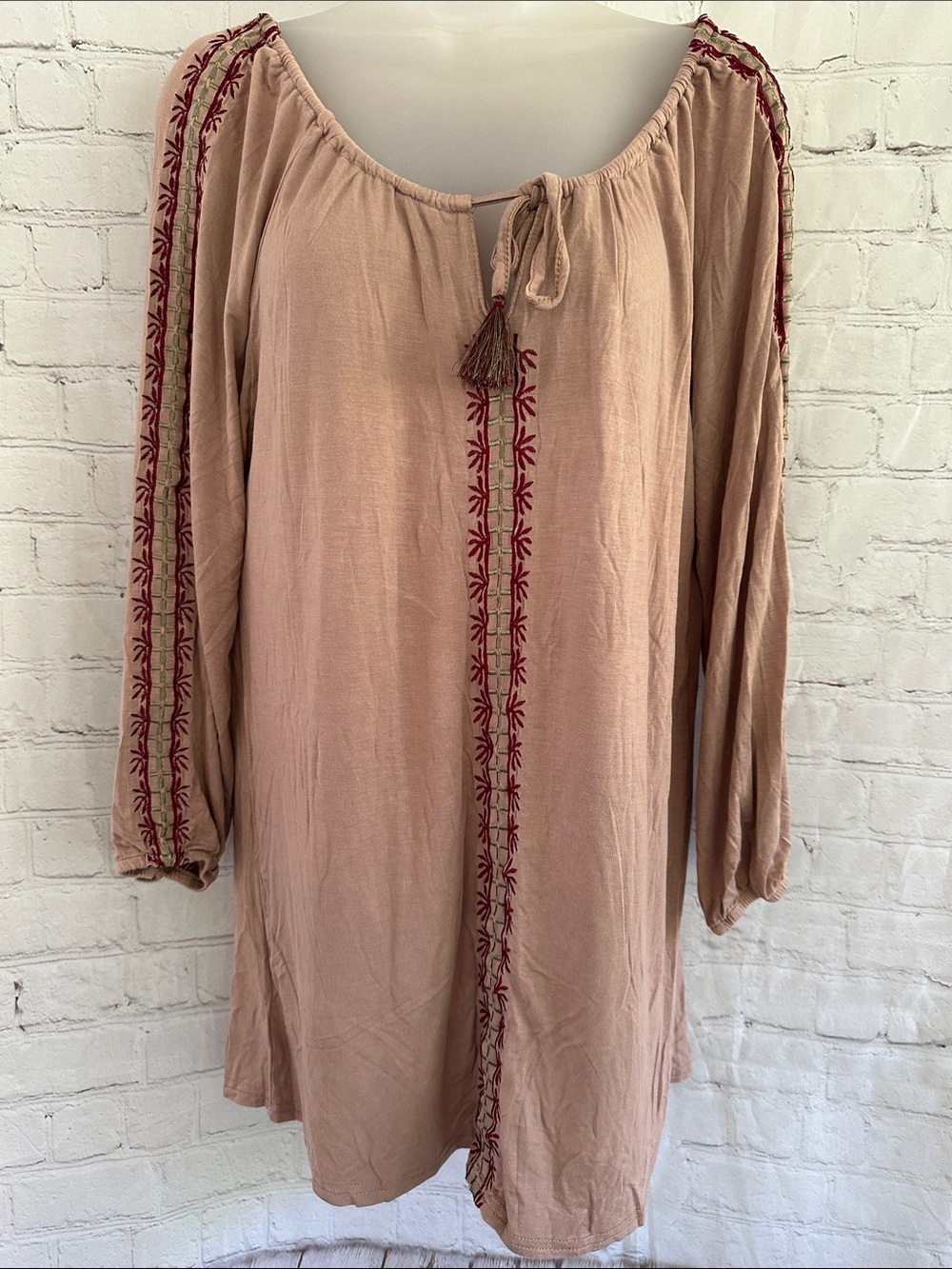 Pol Boho Oversized Embroidered Peasant Tunic - Tan size M